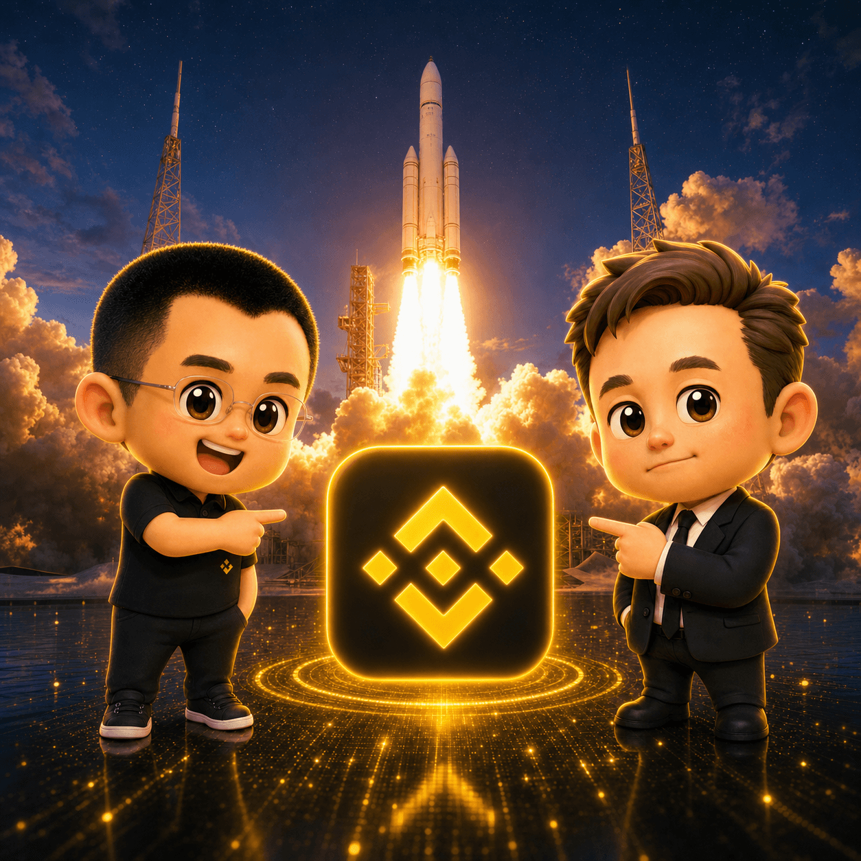 火箭升空前,两位币友指向币安标志